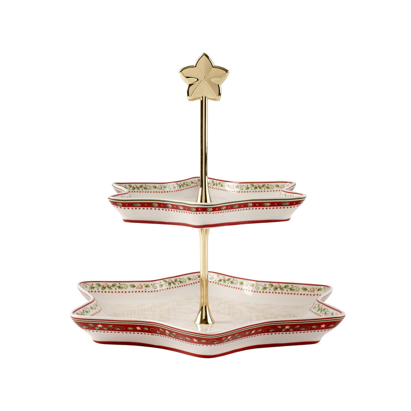 Villeroy & Boch 2-tier holly server with red-and-green patterned plates and finial