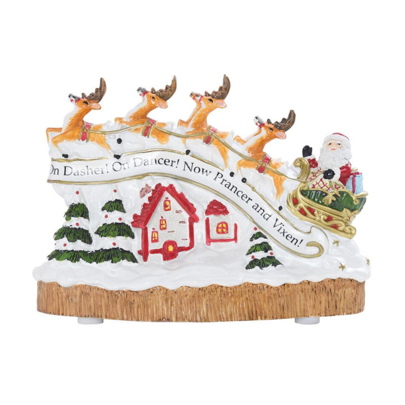 Fitz and Floyd holiday Santa sleigh figurine with reindeer, snowy base, and red house details