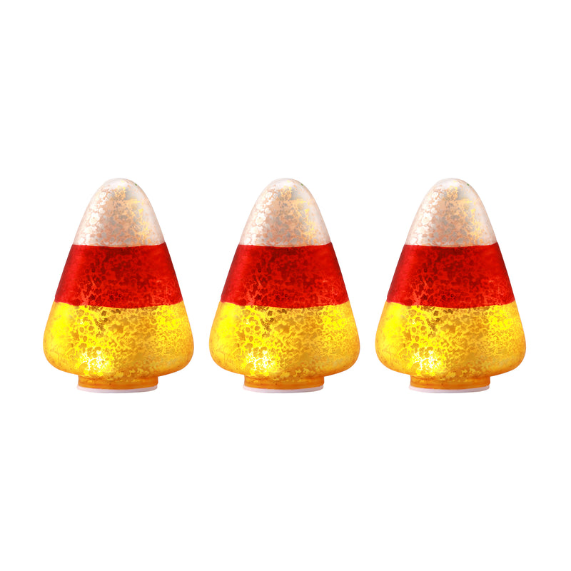 Set of 3 mercury glass candy corn lights in red, yellow, and white conical shapes