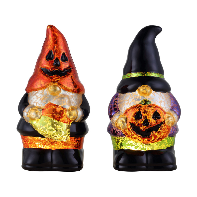 Set of 2 Halloween gnome light figurines with black hats and glowing pumpkin faces