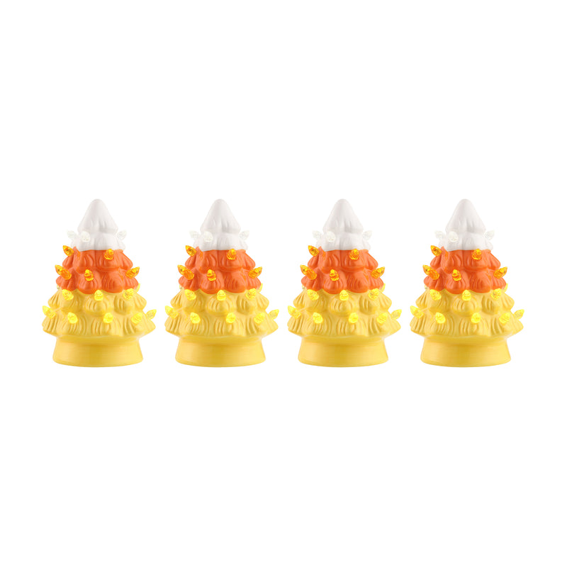 Set of 4 ceramic candy corn trees, orange and yellow with white cone tops.