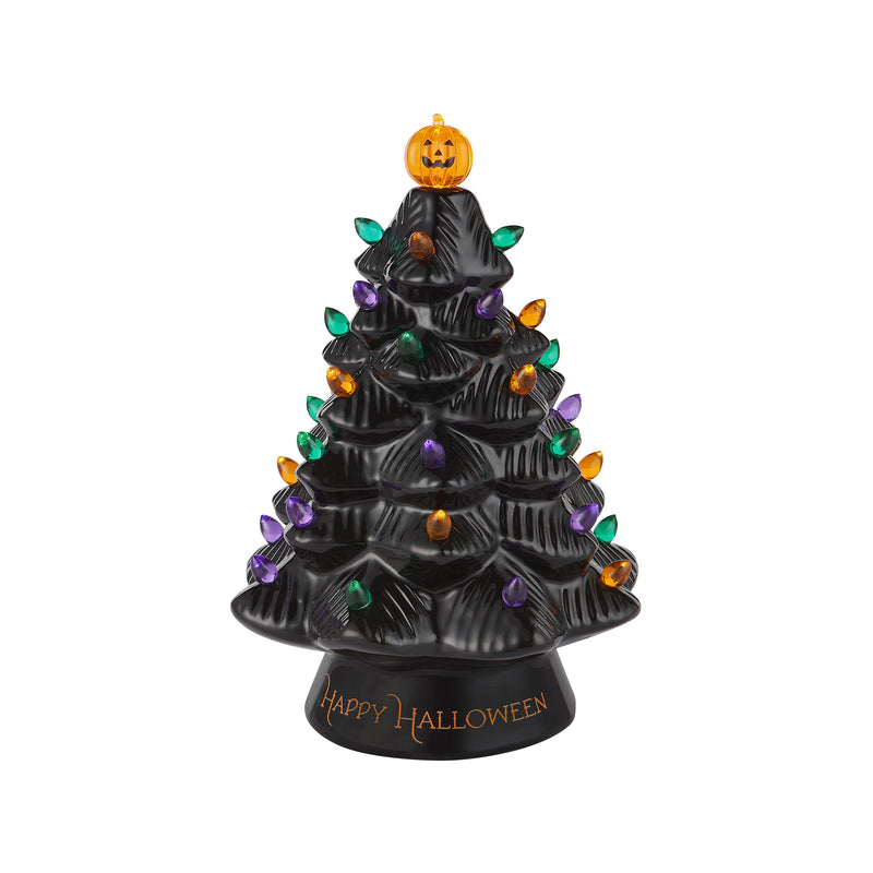 Mr. Halloween black ceramic Halloween tree with jack-o-lantern topper, multicolor ornaments