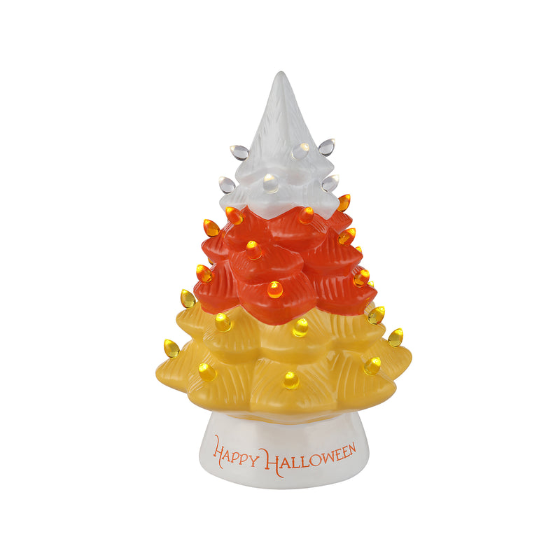 Mr. Halloween ceramic candy corn tree with lit bulbs; yellow, orange, red layers