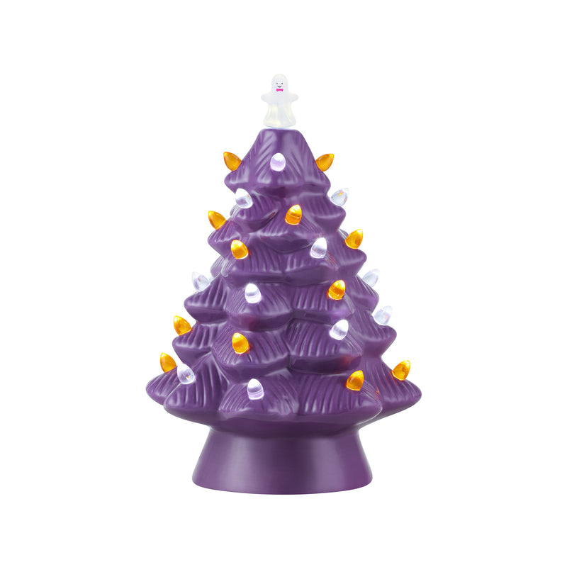 Purple ceramic Halloween tree with white ghost topper and yellow/orange and white bulb details