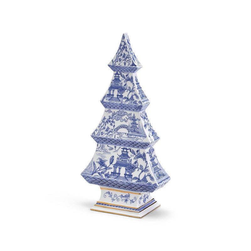 Blue and white patterned ceramic Christmas tree figurine, stacked tiers