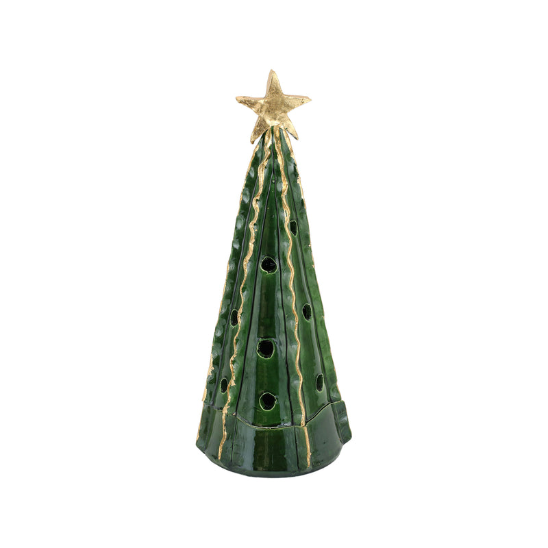Large green ceramic Christmas tree with golden star topper and decorative cutouts