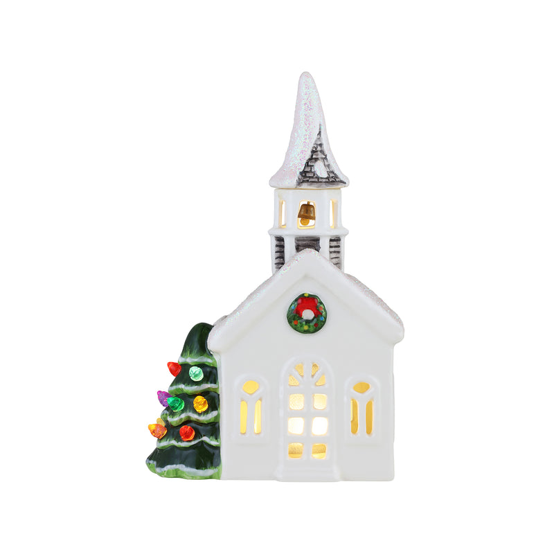 Mr. Christmas ceramic village church ornament, white building with lit windows and wreath door