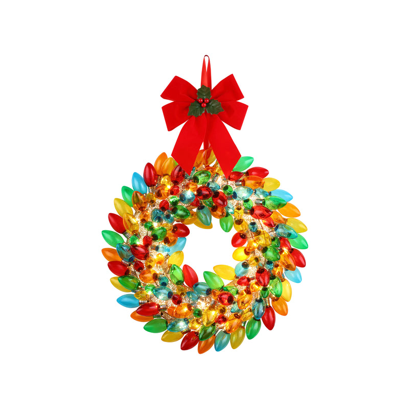 Mr. Christmas multicolored bulb wreath with glossy lights and red bow
