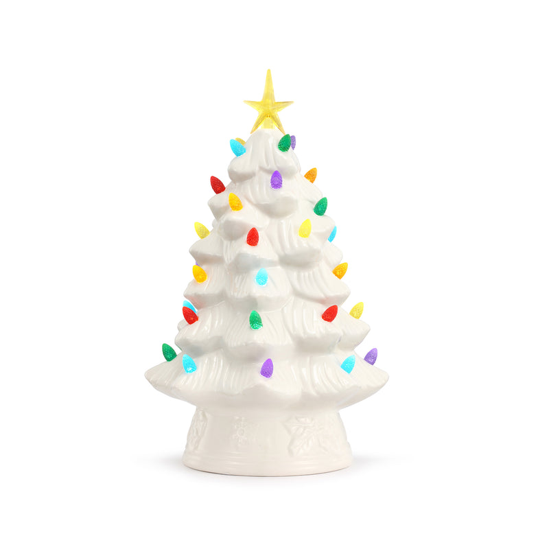White ceramic Christmas tree with multicolor bulb lights and star topper