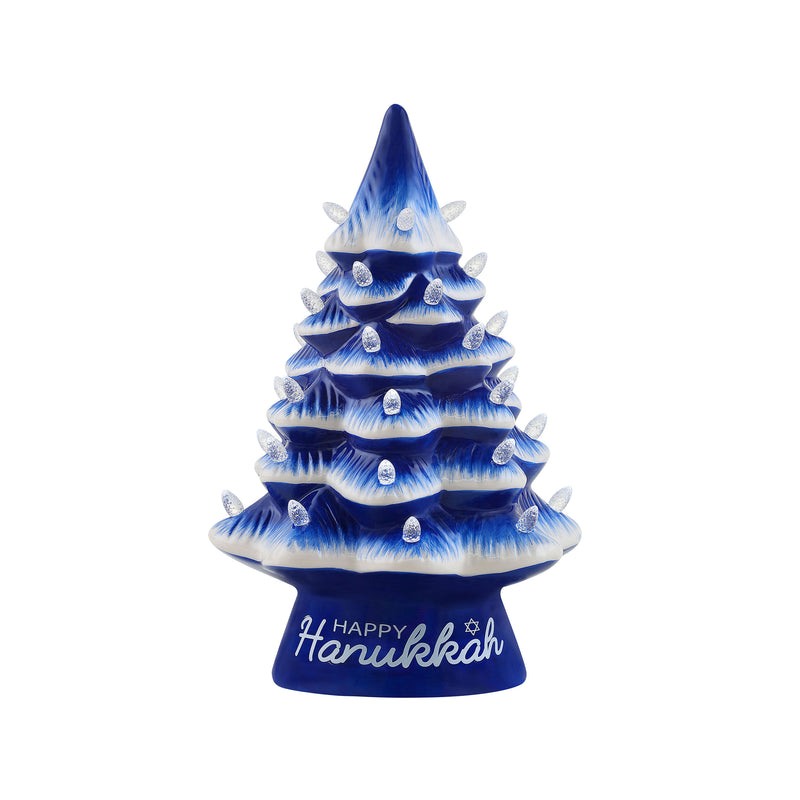 Ceramic Hanukkah tree ornament, blue tiered ceramic with Happy Hanukkah base