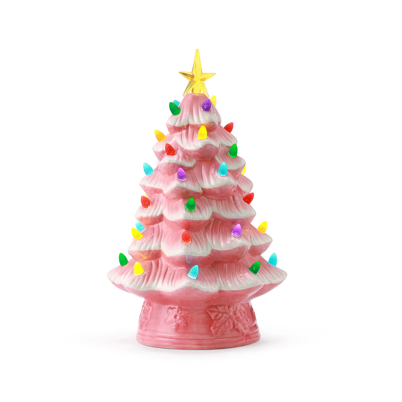 Pink ceramic Christmas tree with star topper and multicolor light decorations
