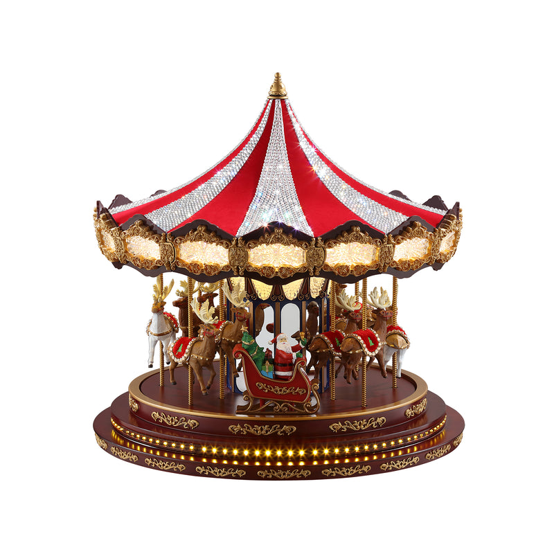 Musical carousel ornament with red-and-white striped canopy and golden lit horses