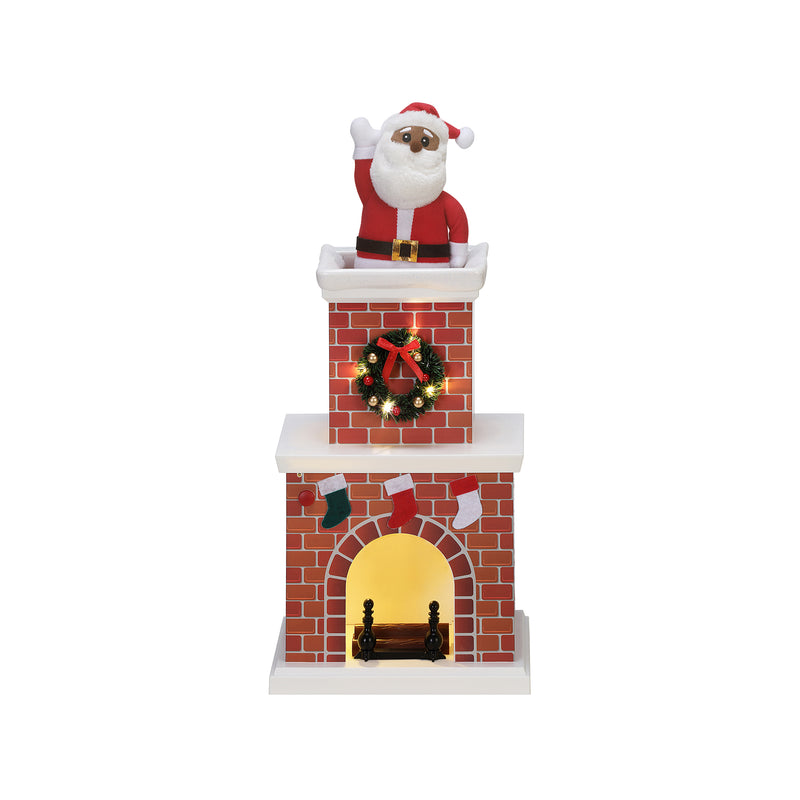 Animated Santa chimney decoration with wreath, red brick, white beard figure on top