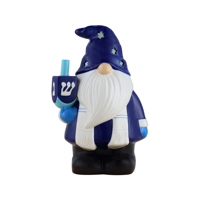 Ceramic Hanukkah gnome figurine with blue hat, white beard, and menorah candle holder