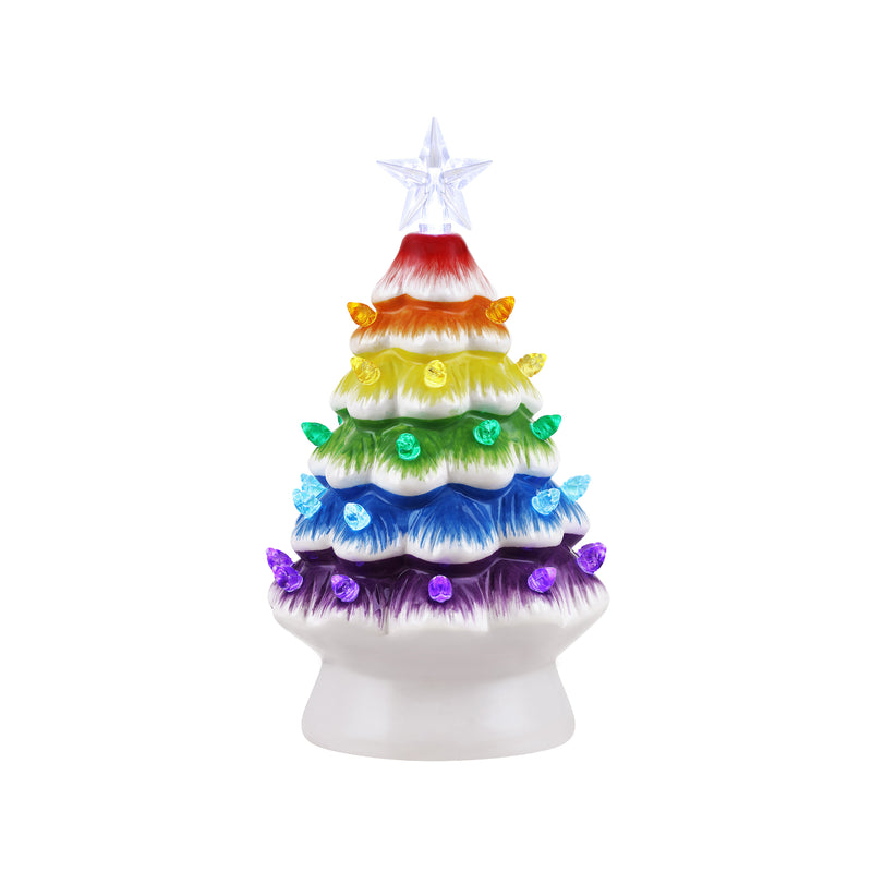 Multicolored ceramic Christmas tree with star topper and scalloped tier details, white base