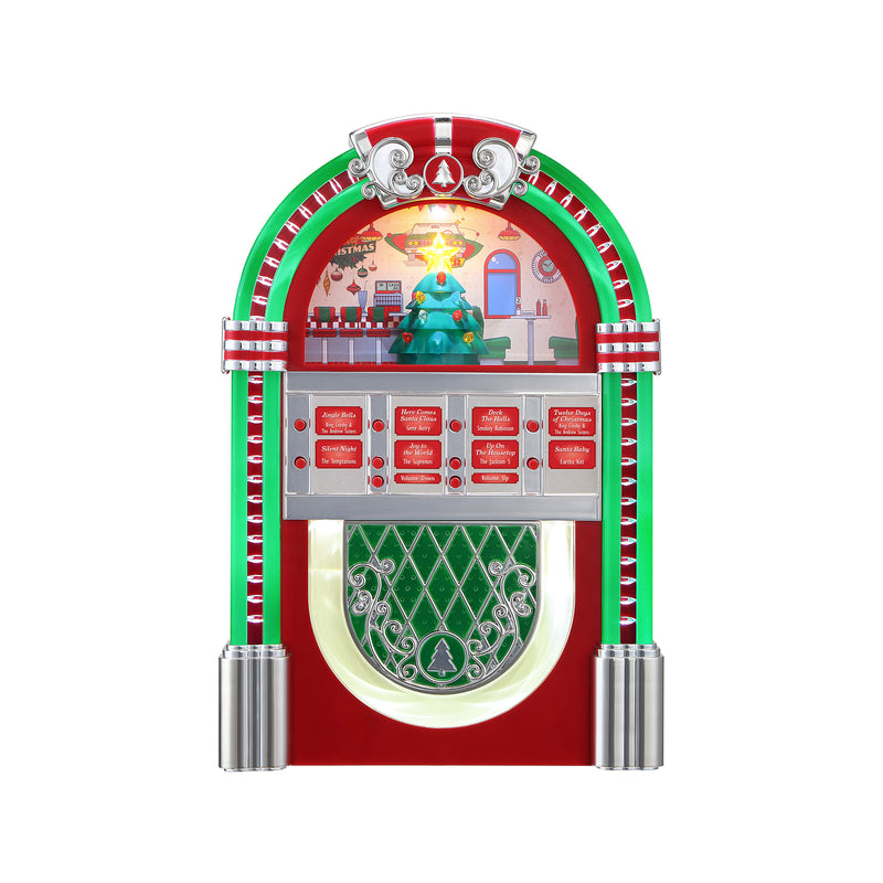 Vintage red Christmas jukebox ornament with arched window and lit display