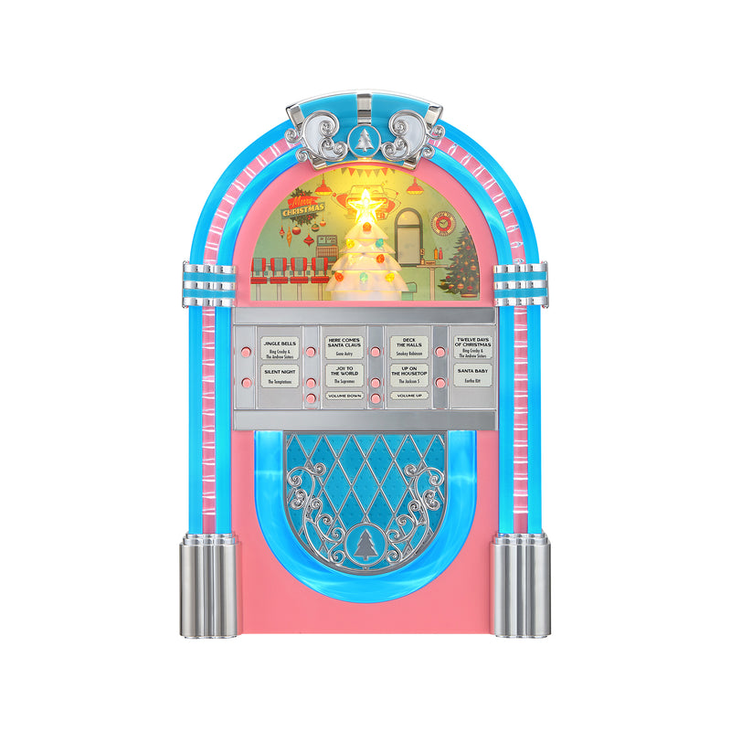 Pink and blue vintage jukebox decoration with lit display window and silver side columns