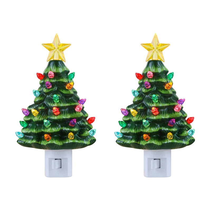 Green ceramic Christmas tree night lights, set of 2 with star tops and multicolor bulbs