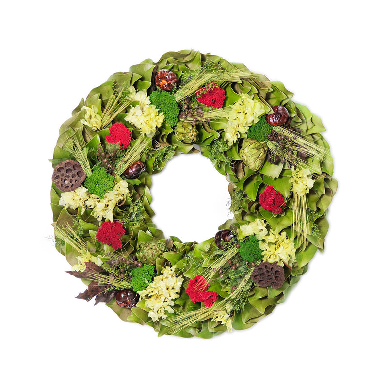 Dried Merlot Valley wreath with green foliage, cream blooms, red accents, and brown seed pods