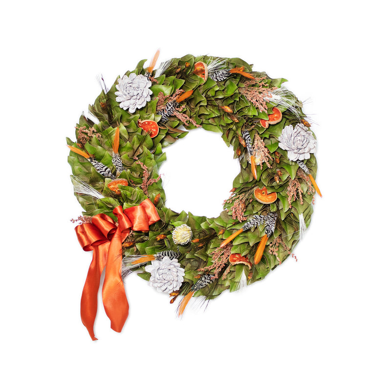 Dried Harvest Bounty wreath with green leaves, orange accents, white pinecones, orange bow