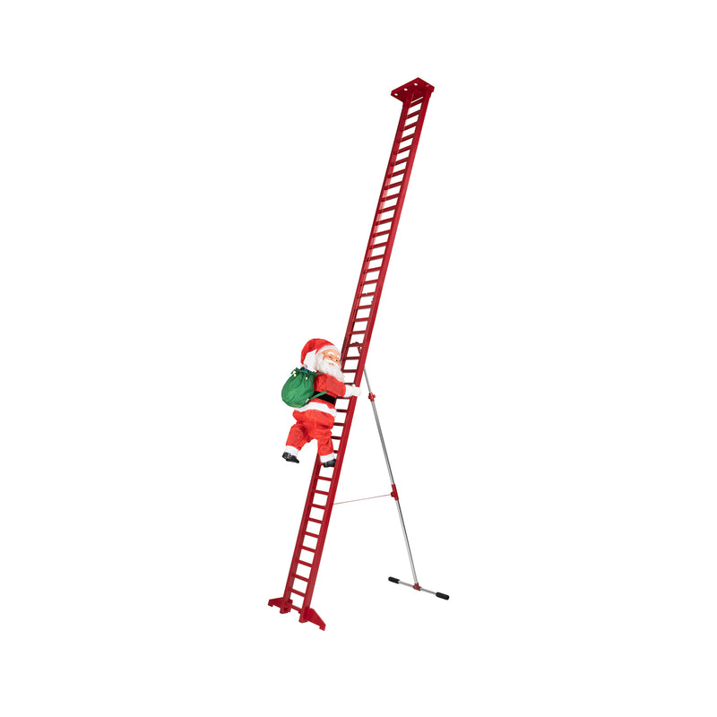 Outdoor climbing Santa figure on red-and-white striped ladder with white rope