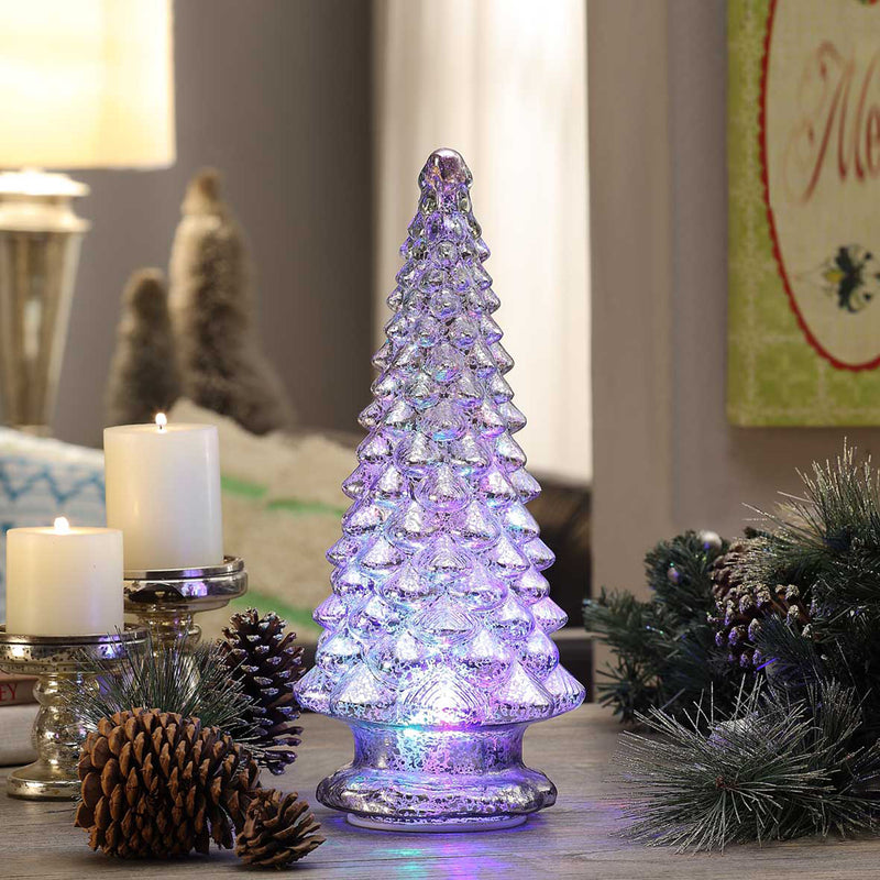 Mercury glass kaleidoscopic Christmas tree decor, iridescent purple-blue glass finish