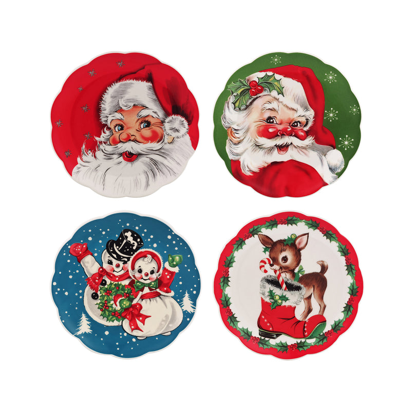 Set of 4 vintage-inspired ceramic salad plates with Santa faces and wreath border
