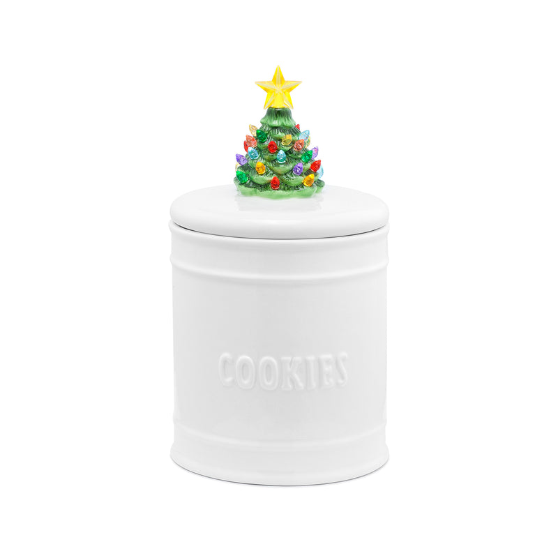 White ceramic Christmas tree cookie jar with COOKIES label and lid topper