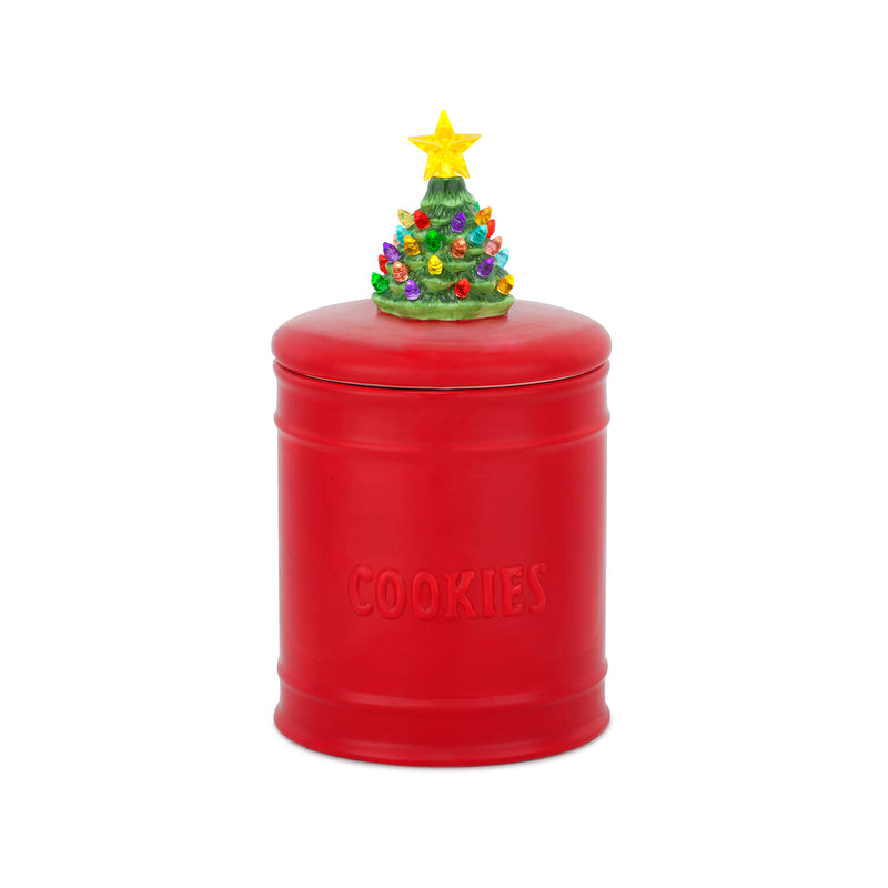 Mr. Christmas red ceramic Christmas tree cookie jar with decorative topper and COOKIES lid