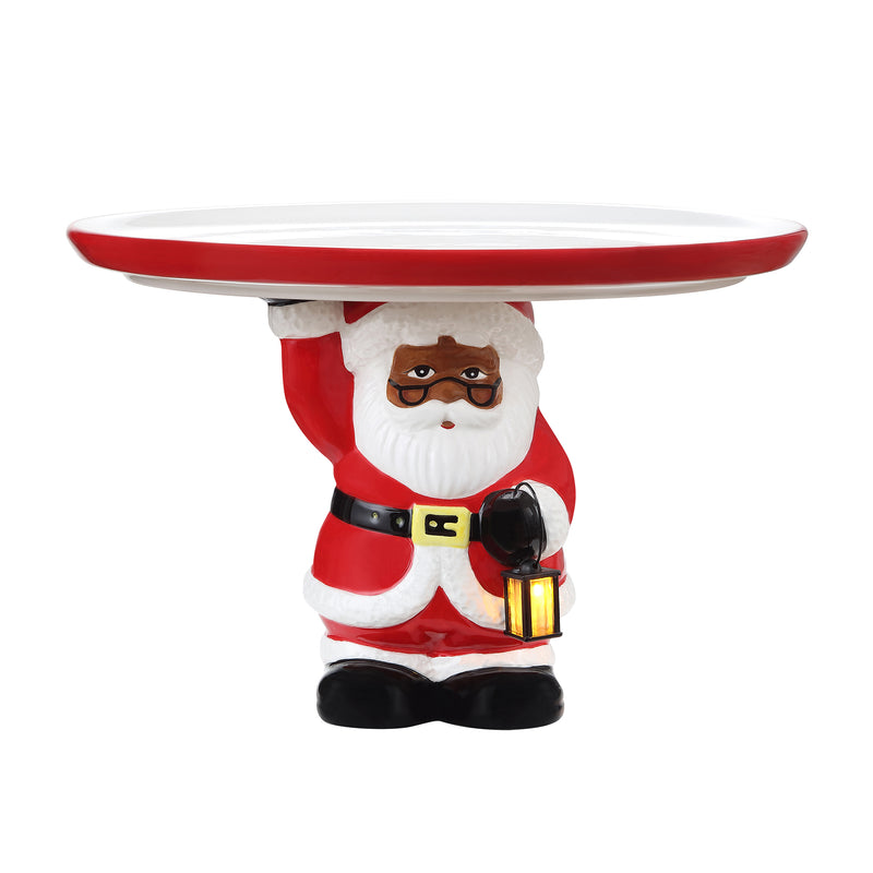 Ceramic Santa cake plate with red rim and white bowl on figurine base