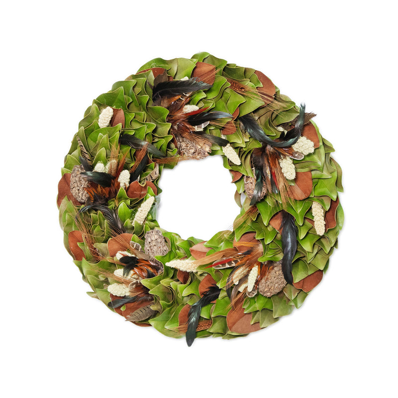 Dried turkey pheasant wreath with green leaves, brown accents, and black feathers