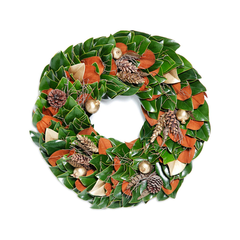 Decorative wreath with green pine needles, orange leaves, pinecones, and gold acorns