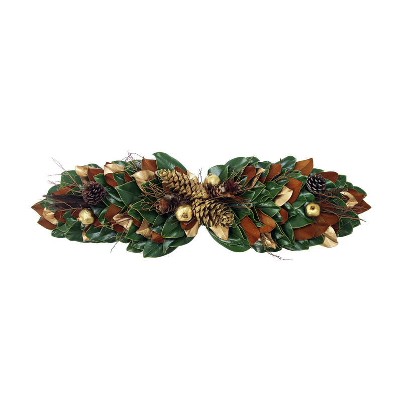 Decorative woodlands centerpiece wreath with pinecones, green leaves, and gold berries