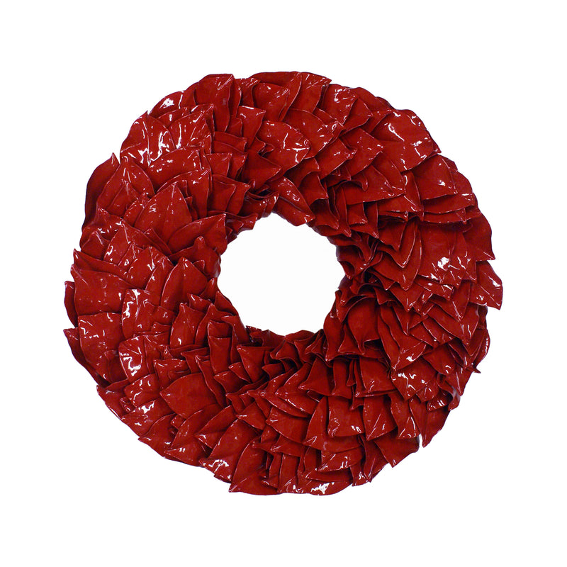 Red lacquer wreath with glossy folded red ribbon leaves