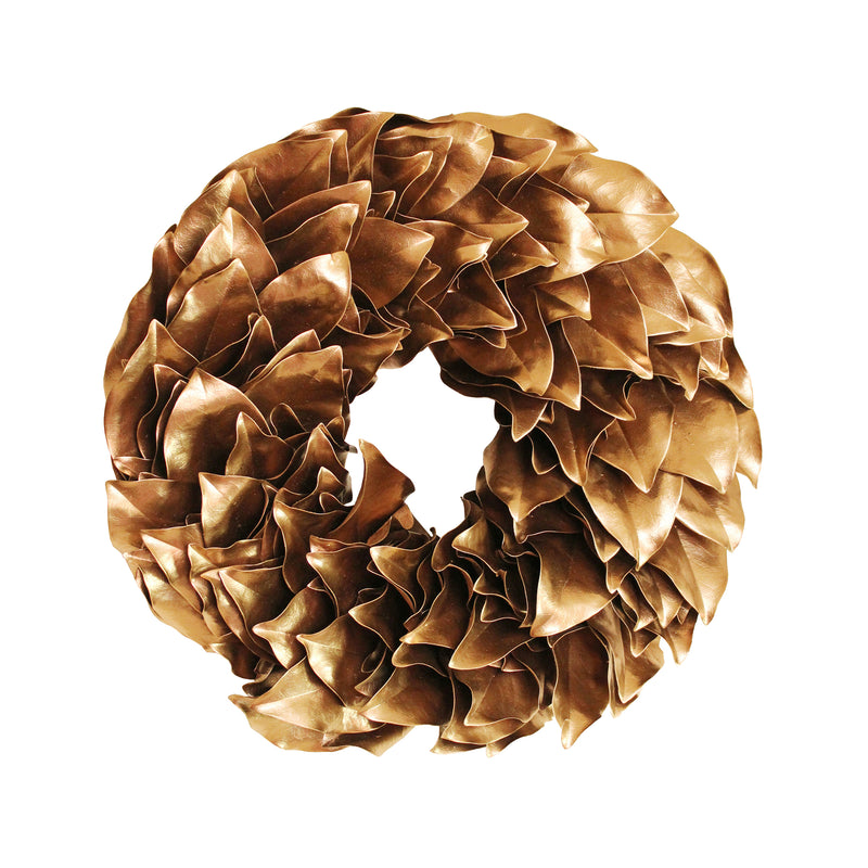 Gold lacquer leaf wreath with layered curled foliage, round decorative garland