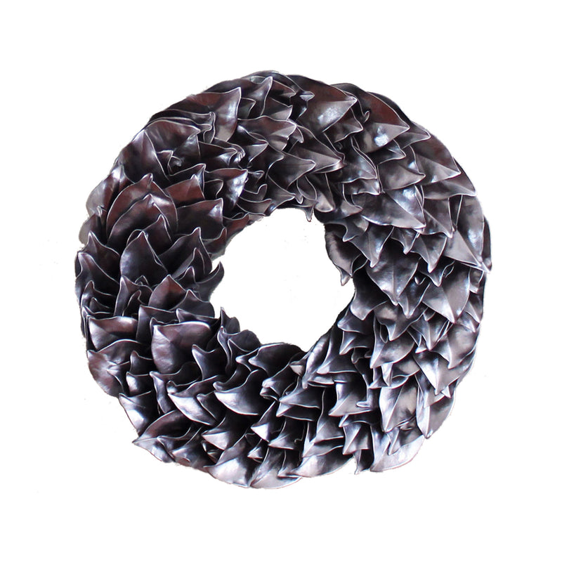 Silver lacquer wreath with layered petal-like leaves, round shape