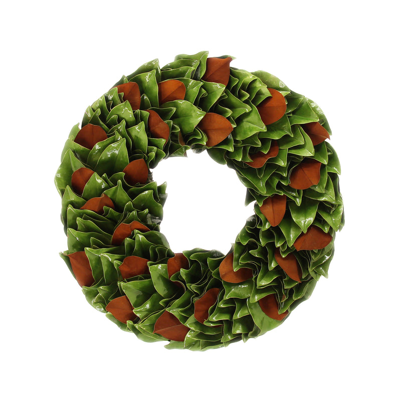 Lacquer wreath with layered green leaves and copper-orange magnolia-style blooms