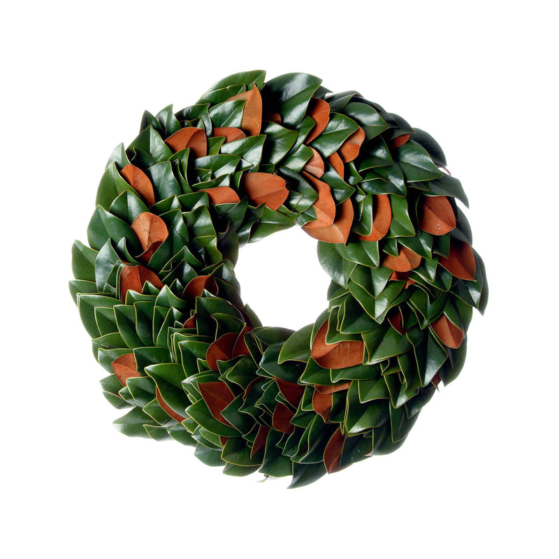 Round magnolia wreath with glossy dark green leaves and orange-brown flower heads