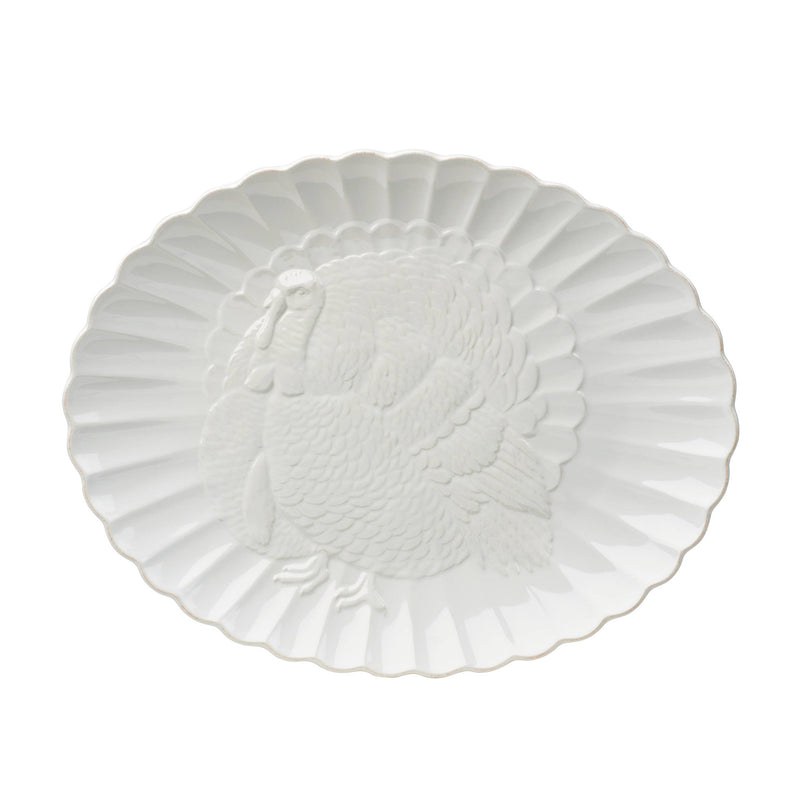 Lenox French Perle carved turkey platter with raised turkey relief and scalloped rim