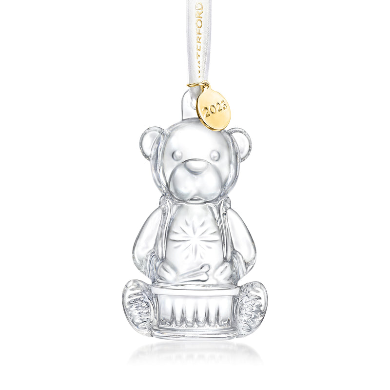 Clear crystal baby bear ornament with gold 2023 tag, sitting pose