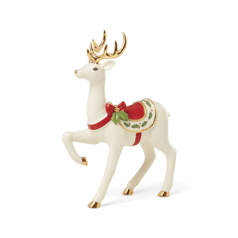 Lenox porcelain standing reindeer figurine, white with gold antlers and red harness
