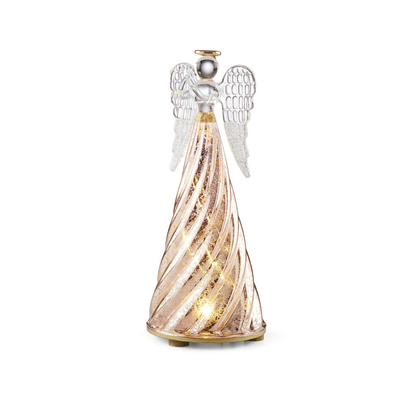 Glass angel figurine with clear wings and golden glittered draped skirt