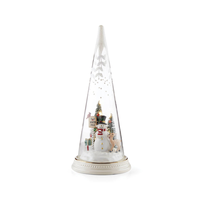 Lenox North Pole snowman glass figurine in clear cone with decorative base