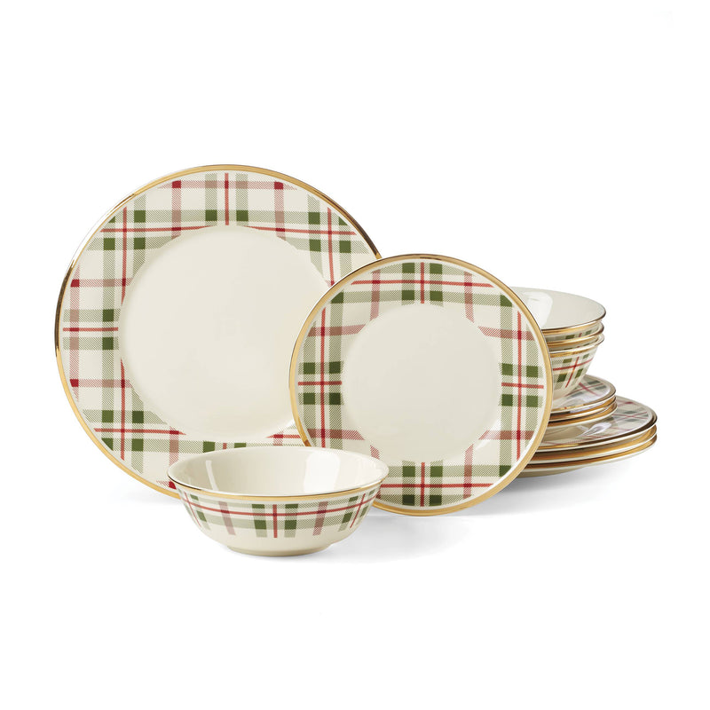 12-piece porcelain dinnerware set with plaid accents and gold rims; includes plates and bowl