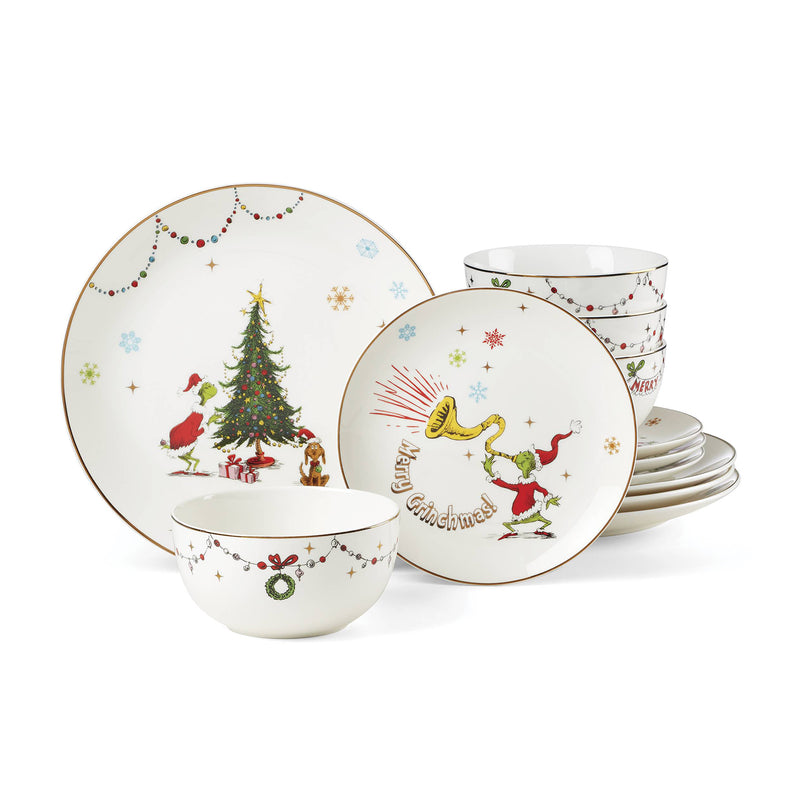 Lenox Merry Grinchmas 12-piece porcelain dinnerware set with holiday illustration
