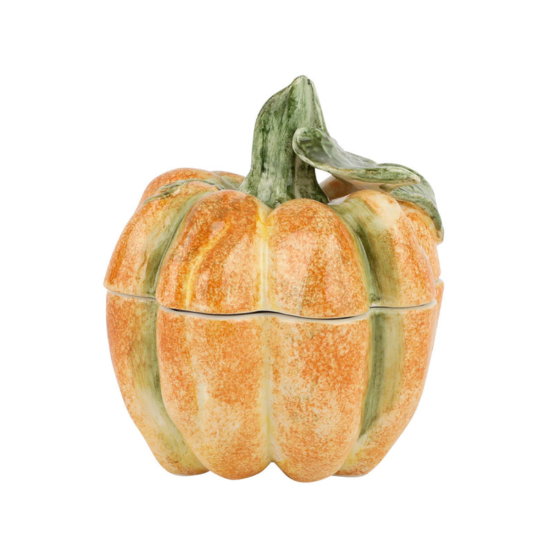 Small covered pumpkin bowl with orange textured pumpkin body and green leaf lid