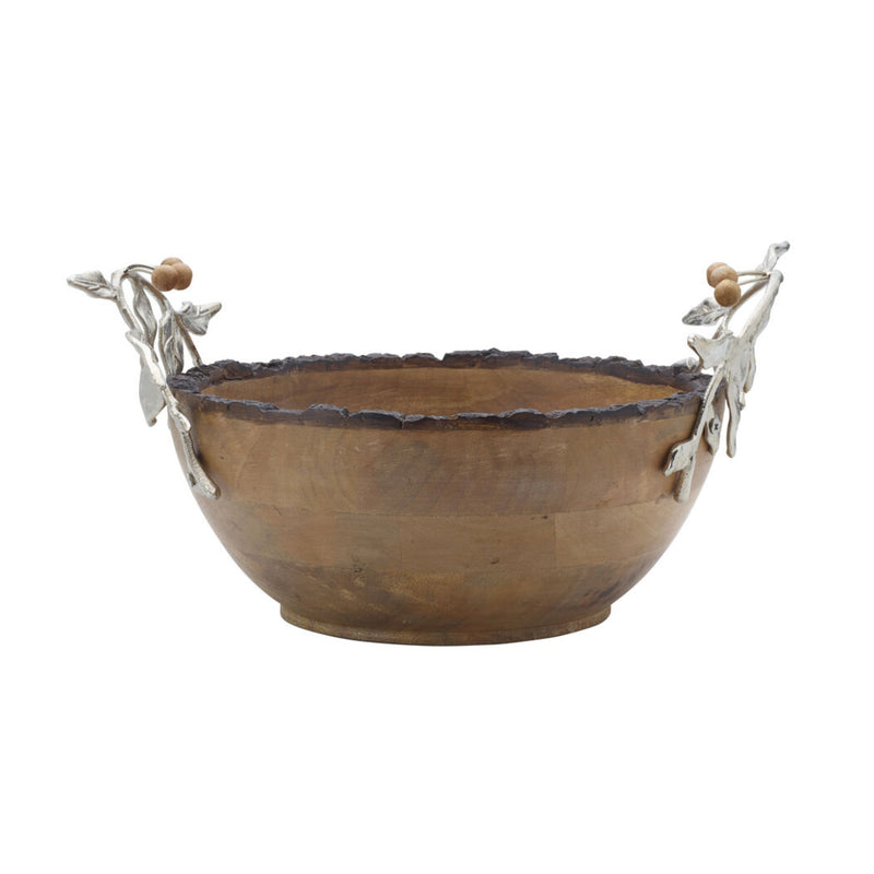 Brown serving bowl with blue rim and metal figure handles