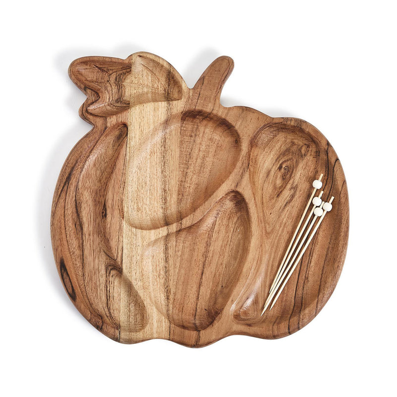 Pumpkin-shaped wooden charcuterie board with two serving forks