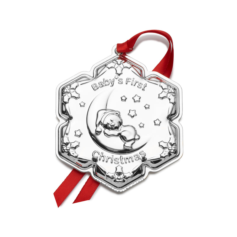Sterling silver teddy bear ornament with red ribbon and 'Baby's First Christmas' text