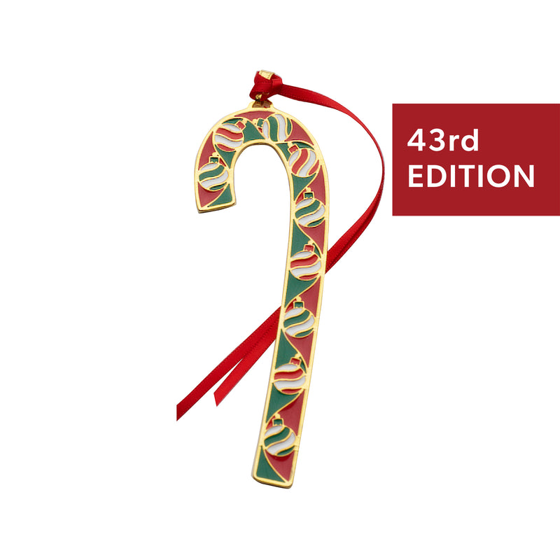 Candy cane ornament, gold trim with green and red enamel, red ribbon, 43rd edition